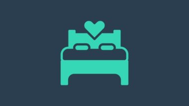 Turkuaz yatak odası simgesi mavi arkaplanda izole edildi. Düğün, aşk, evlilik sembolü. Balayı koleksiyonundan yatak odası yaratıcı ikonu. 4K Video hareketli grafik canlandırması