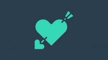 Mavi arka planda kalp ve ok ikonlu turkuaz Amour sembolü. Aşk işareti. Sevgililer Günü sembolü. 4K Video hareketli grafik canlandırması