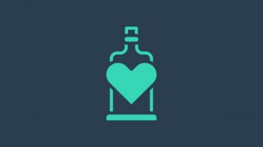 Mavi arka planda izole edilmiş aşk ikonu ikonu içeren turkuaz şişe. Sevgililer Günü sembolü. 4K Video hareketli grafik canlandırması