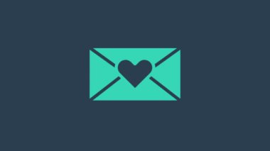 Mavi arka planda Sevgililer Günü kalp ikonu olan turkuaz zarf. Mesaj aşkım. Aşk ve romantizm mektubu. 4K Video hareketli grafik canlandırması