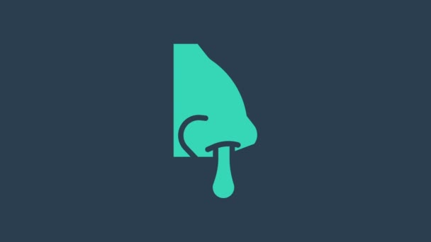 Icono de nariz mocosa turquesa aislado sobre fondo azul. Síntomas de rinitis, tratamiento. Nariz y estornudos. Enfermedades nasales. Animación gráfica de vídeo 4K — Vídeos de Stock