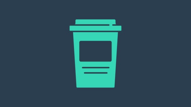 Taza de café turquesa para ir icono aislado sobre fondo azul. Animación gráfica de vídeo 4K — Vídeo de stock