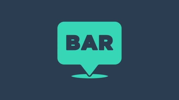 Иконка местоположения бирюзового алкоголя или пивного бара выделена на синем фоне. Символ выпивки, паба, клуба, бара. Видеографическая анимация 4K — стоковое видео