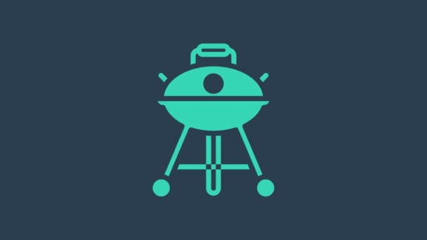 Turkusowy grill grill ikona izolowane na niebieskim tle. Grillowa impreza. 4K Animacja graficzna ruchu wideo — Wideo stockowe