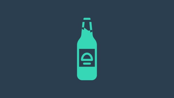 Τιρκουάζ μπουκάλι μπύρα εικονίδιο απομονώνονται σε μπλε φόντο. 4K Γραφική κίνηση κίνησης βίντεο — Αρχείο Βίντεο