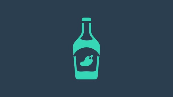 Turquoise Ketchup μπουκάλι εικονίδιο απομονώνονται σε μπλε φόντο. Σήμα καυτερής πιπεριάς. Μπάρμπεκιου και μπάρμπεκιου σχάρα σύμβολο. 4K Γραφική κίνηση κίνησης βίντεο — Αρχείο Βίντεο