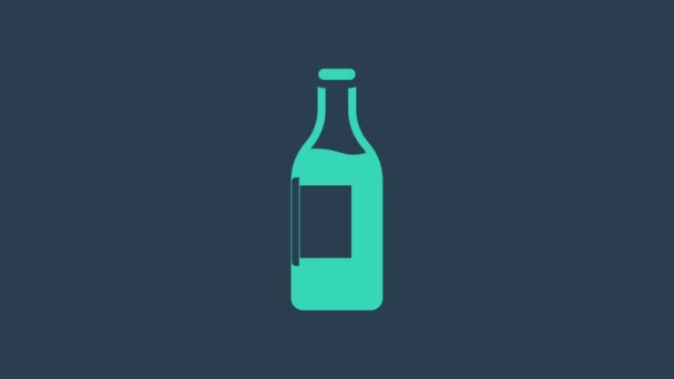 Icono de botella de vino turquesa aislado sobre fondo azul. Animación gráfica de vídeo 4K — Vídeo de stock