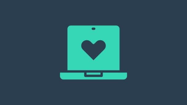 Turquoise Sortir ensemble app icône concept ordinateur portable en ligne isolé sur fond bleu. Profil masculin féminin design plat. Couple match pour relation. Animation graphique de mouvement vidéo 4K — Video