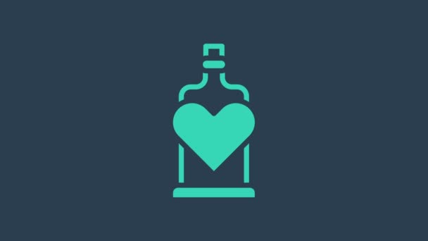 Γαλαζοπράσινο μπουκάλι με φίλτρο αγάπης εικονίδιο απομονώνονται σε μπλε φόντο. Σύμβολο του Αγίου Βαλεντίνου. 4K Γραφική κίνηση κίνησης βίντεο — Αρχείο Βίντεο