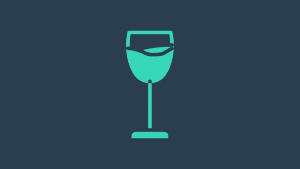 청록색 와인 잔의 아이콘은 파란색 배경에 분리되어 있다. 윈 글라스 사인이야. 4K 비디오 모션 그래픽 애니메이션 — 비디오