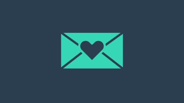 Turquoise Envelope with Valentine heart icon isolated on blue background. Message love. Letter love and romance. 4K Video motion graphic animation — Stock Video