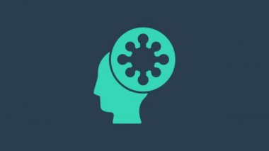 Turkuaz insan ve virüs ikonu mavi arka planda izole edildi. Corona virüsü 2019-nCoV. Bakteri ve mikroplar, hücre kanseri, mikrop, mantar. 4K Video hareketli grafik canlandırması