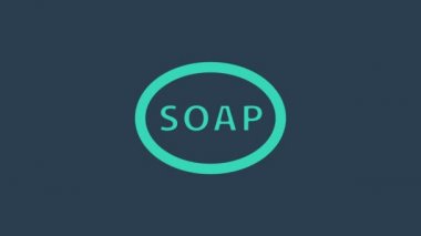 Mavi arkaplanda izole edilmiş turkuaz sabun simgesi. Köpüklü sabun çubuğu. 4K Video hareketli grafik canlandırması