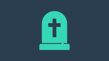 Mavi zemin üzerinde çapraz simge izole edilmiş Turkuaz Tombstone. Mezar ikonu. Mutlu Cadılar Bayramı Partisi. 4K Video hareketli grafik canlandırması