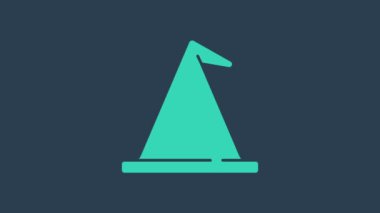 Turkuaz cadı şapkası ikonu mavi arka planda izole edildi. Mutlu Cadılar Bayramı Partisi. 4K Video hareketli grafik canlandırması