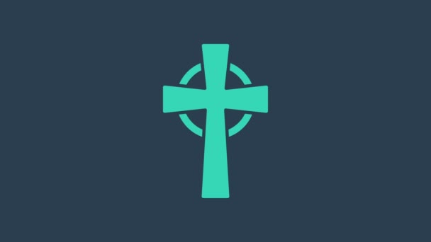Бирюзовый помидор с иконой креста на синем фоне. Значок могилы. Видеографическая анимация 4K — стоковое видео
