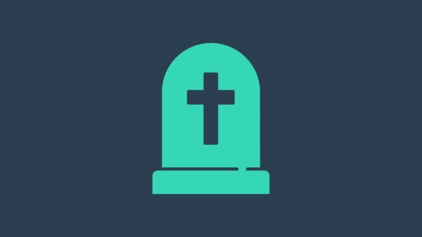 Tyrkysový Tombstone s ikonou kříže izolované na modrém pozadí. Ikona hrobu. Šťastný Halloweenský večírek. Grafická animace pohybu videa 4K — Stock video