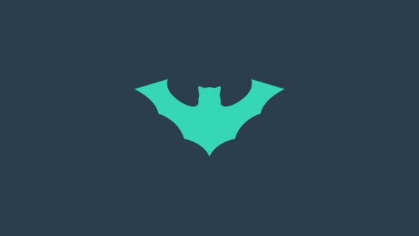 绿松石飞行蝙蝠图标孤立在蓝色背景。4K视频运动图形动画 — 图库视频影像