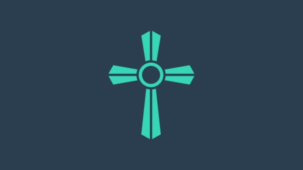 청록색 톰스 톤에 십자가 모양의 아이콘이 파란색 배경에 고립되어 있다. 무덤의 아이콘. 4K 비디오 모션 그래픽 애니메이션 — 비디오