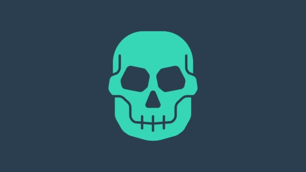 Turquoise Skull icon isolated on blue background. Happy Halloween party. 4K Video motion graphic animation — Stock Video