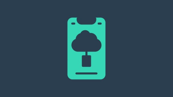 Icono de transferencia y almacenamiento de datos de tecnología Turquoise Cloud aislado sobre fondo azul. Animación gráfica de vídeo 4K — Vídeos de Stock
