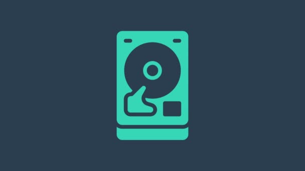 Tyrkysová ikona HDD pevného disku izolovaná na modrém pozadí. Grafická animace pohybu videa 4K — Stock video