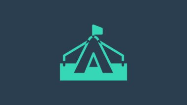 Turkuaz turist çadırı simgesi mavi arka planda izole edildi. Kamp sembolü. 4K Video hareketli grafik canlandırması