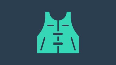 Mavi arka planda izole edilmiş turkuaz av ceketi ikonu. Av yeleği. 4K Video hareketli grafik canlandırması