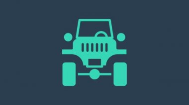 Turkuaz off road araba ikonu mavi arka planda izole edildi. Cip işareti. 4K Video hareketli grafik canlandırması