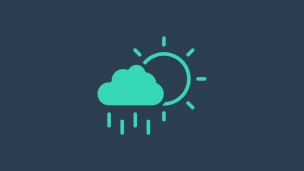 Turkos moln med regn och sol ikon isolerad på blå bakgrund. Regn moln nederbörd med regndroppar. 4K Video motion grafisk animation — Stockvideo