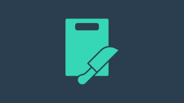 Turkuaz kesme tahtası ve bıçak ikonu mavi arka planda izole edildi. Kesme tahtası sembolü. Çatal bıçak sembolü. 4K Video hareketli grafik canlandırması