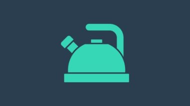 Mavi arka planda ikonu olan turkuaz çaydanlık. Çaydanlık ikonu. 4K Video hareketli grafik canlandırması