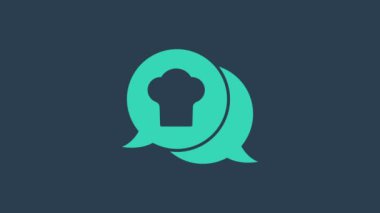 Turkuaz aşçı şapkası mavi arka planda izole edilmiş konuşma balonu ikonu. Aşçılık sembolü. Aşçı şapkası. 4K Video hareketli grafik canlandırması