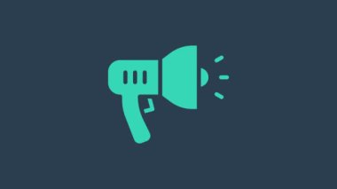 Mavi arka planda izole edilmiş turkuaz polis megafon ikonu. 4K Video hareketli grafik canlandırması