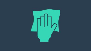 Turkuaz Temizlik servisi simgesi mavi arkaplanda izole edildi. Lateks el koruması işareti. Ev işi temizlik ekipmanları sembolü. 4K Video hareketli grafik canlandırması