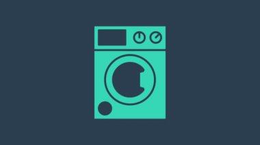 Turkuaz çamaşır makinesi simgesi mavi arkaplanda izole edildi. Çamaşır makinesi simgesi. Çamaşır makinesi, çamaşır makinesi. Ev aletleri sembolü. 4K Video hareketli grafik canlandırması