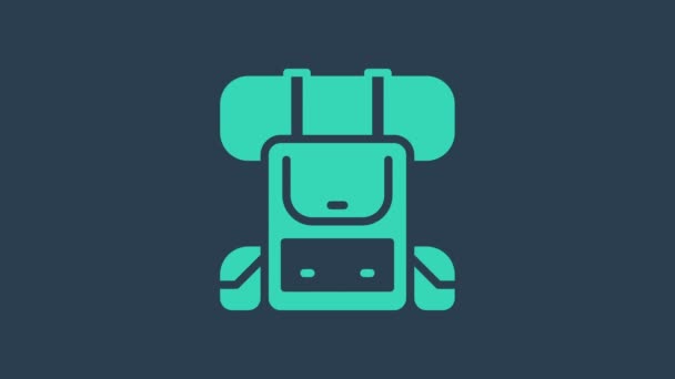 Turquoise Hiking backpack icon isolated on blue background. Camping and mountain exploring backpack. 4K Video motion graphic animation — Stock Video