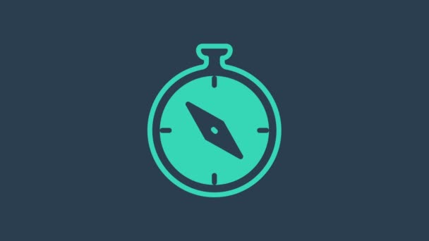 Tyrkysová ikona kompas izolované na modrém pozadí. Windrose navigační symbol. Znamení větrné růže. Grafická animace pohybu videa 4K — Stock video