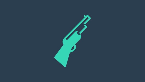 Turquoise Hunting gun icon isolated on blue background. Hunting shotgun. 4K Video motion graphic animation — Stock Video