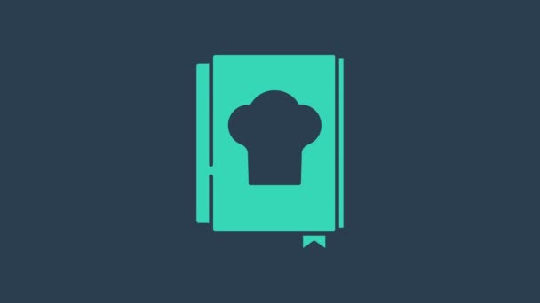 Ікона бірюзової кулінарної книги ізольована на синьому фоні. Ікона для кулінарних книжок. Книжка з рецептами. Іконки з виделкою і ножем. Символ каракулів. 4K Відеографічна анімація — стокове відео