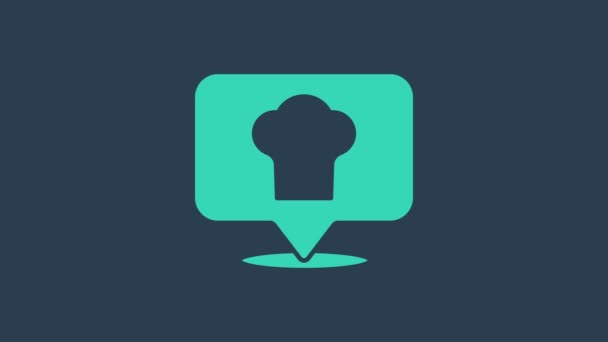 Turkoois Chef hoed met locatie pictogram geïsoleerd op blauwe achtergrond. Koken symbool. Kookt hoed. 4K Video motion grafische animatie — Stockvideo