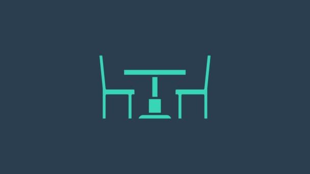 Tyrkysový dřevěný stůl s ikonou židle izolované na modrém pozadí. Grafická animace pohybu videa 4K — Stock video