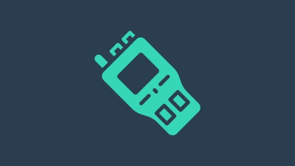 Tyrkysová ikona vysílačky izolovaná na modrém pozadí. Přenosná ikona vysílače. Rádiový vysílač. Grafická animace pohybu videa 4K — Stock video