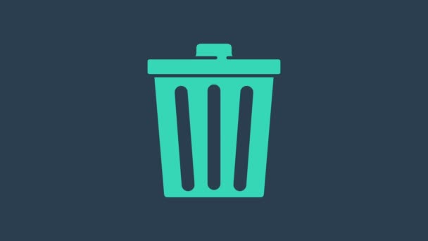 Basura turquesa puede icono aislado sobre fondo azul. Cartel de basura. Reciclar icono de cesta. Icono de basura de oficina. Animación gráfica de vídeo 4K — Vídeo de stock