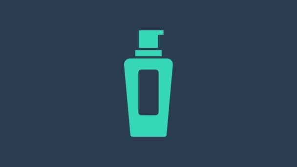 Turkusowa butelka ikony szamponu odizolowana na niebieskim tle. 4K Animacja graficzna ruchu wideo — Wideo stockowe