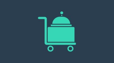 Mavi arka planda izole edilmiş bir tepsi yiyecek ikonu ile kaplanmış turkuaz. Tepsi ve kapak işareti. Kapaklı bir restoran saati. 4K Video hareketli grafik canlandırması