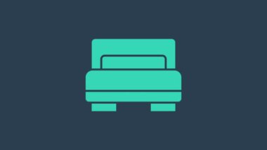 Turkuaz otel odası yatak ikonu mavi arka planda izole edilmiş. 4K Video hareketli grafik canlandırması