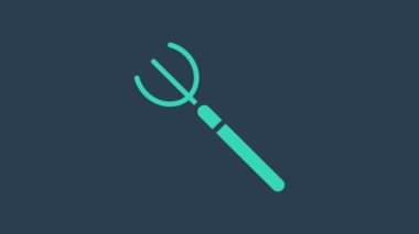 Turkuaz bahçe yabası ikonu mavi arka planda izole edilmiş. Bahçe çatalı işareti. Bahçecilik, tarım, çiftçilik aleti. 4K Video hareketli grafik canlandırması