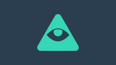 Turkuaz Masonlar Tanrı 'nın Her Şeyi Gören İkonu' nun sembolü mavi arka planda izole edilmiş. Üçgendeki Tanrı 'nın Gözü. 4K Video hareketli grafik canlandırması