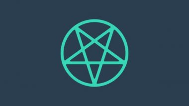 Mavi arkaplanda izole edilmiş bir daire simgesinde turkuaz pentagram. Sihirli okült yıldız sembolü. 4K Video hareketli grafik canlandırması